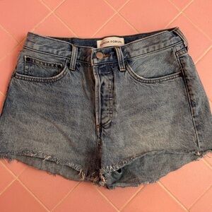 Denim Forum ex-boyfriend High-Rise Distressed Denim Shorts in Light Blue